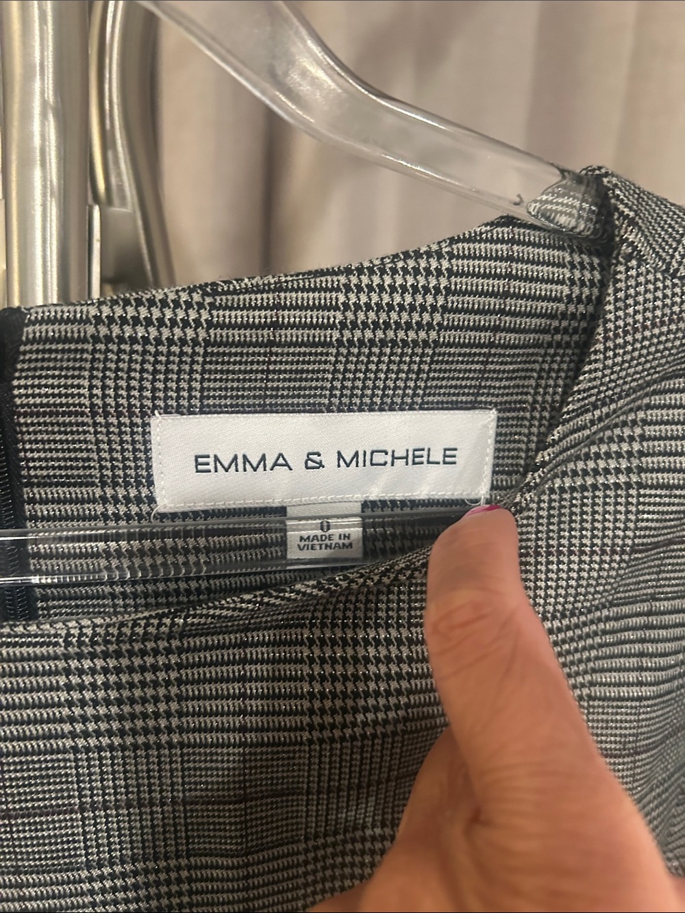 Emma & Michelle Gray Plaid Shift Dress with Ruffle Sleeves has a slight shine. - Picture 2 of 8